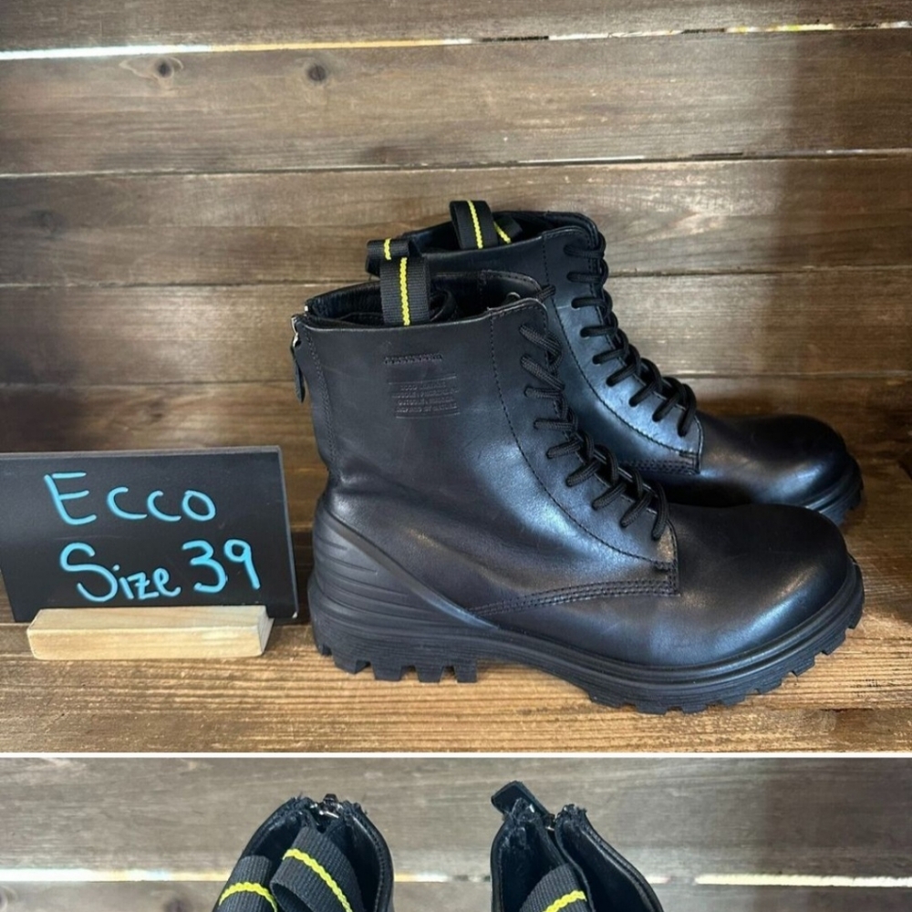 New Womens Ecco Tredtray High Cut Black Leather Combat Booties Size EU 39